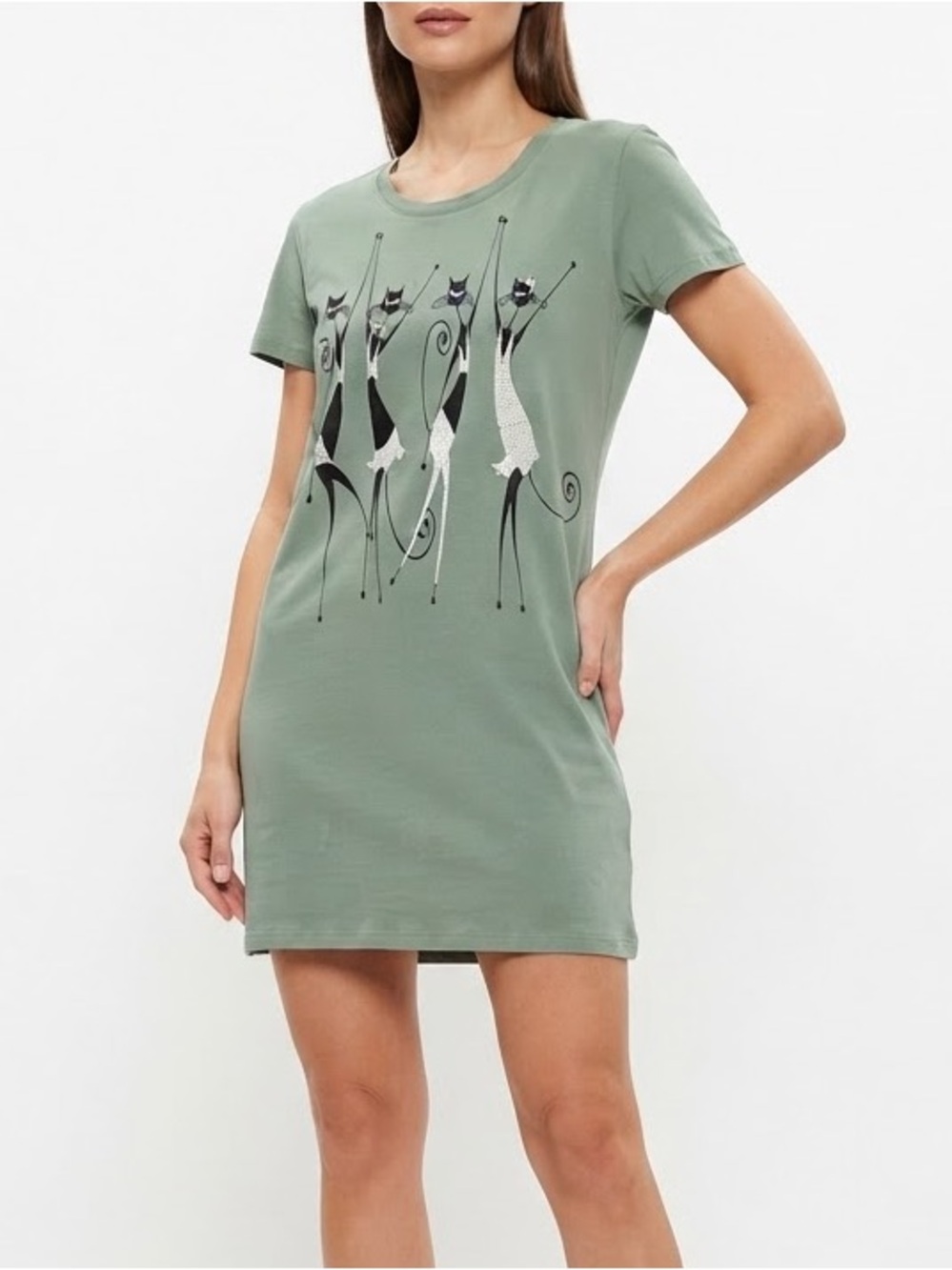 MOSCHINO Casual Sage Green Cat Graphic Rhinestone T-Shirt Dress